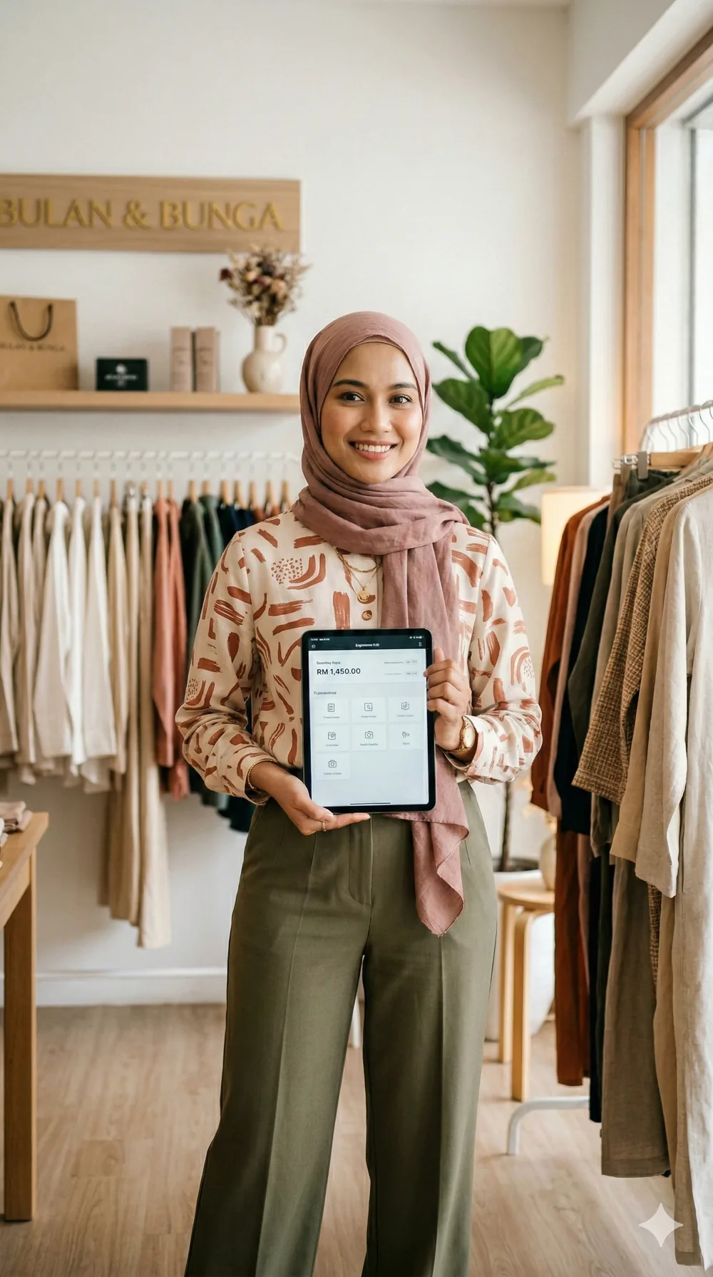 Retail merchant holding a POS tablet in store