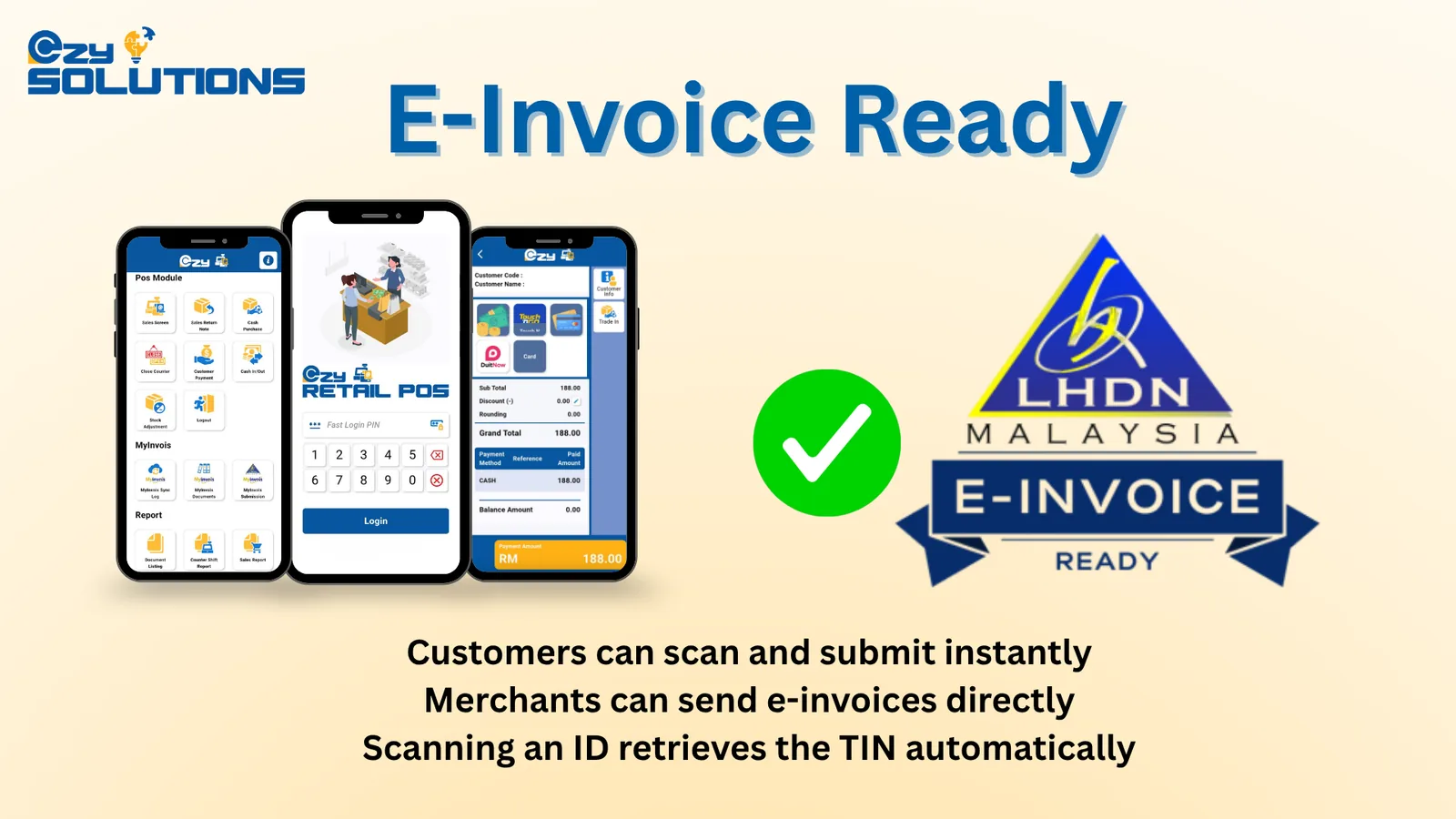 EzyRetail mobile POS shown with LHDN e-Invoice readiness