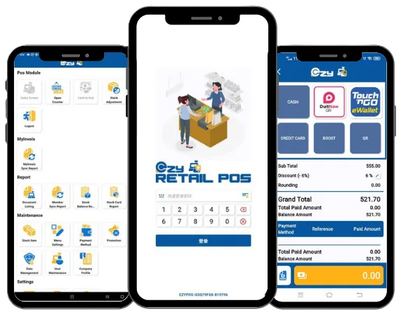 EzyRetail POS mobile app screens on Android phones