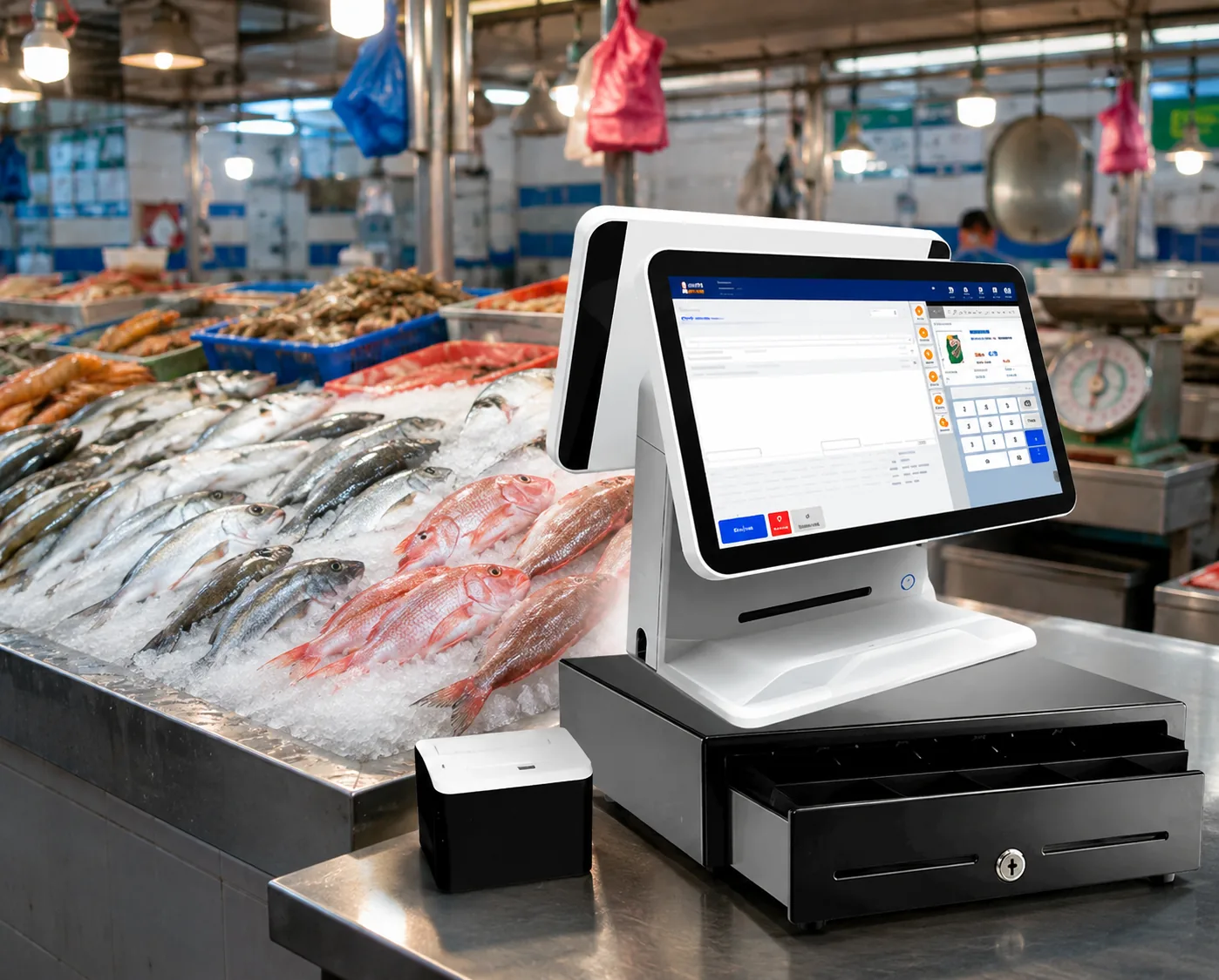 SMART POS terminal at a fresh seafood counter
