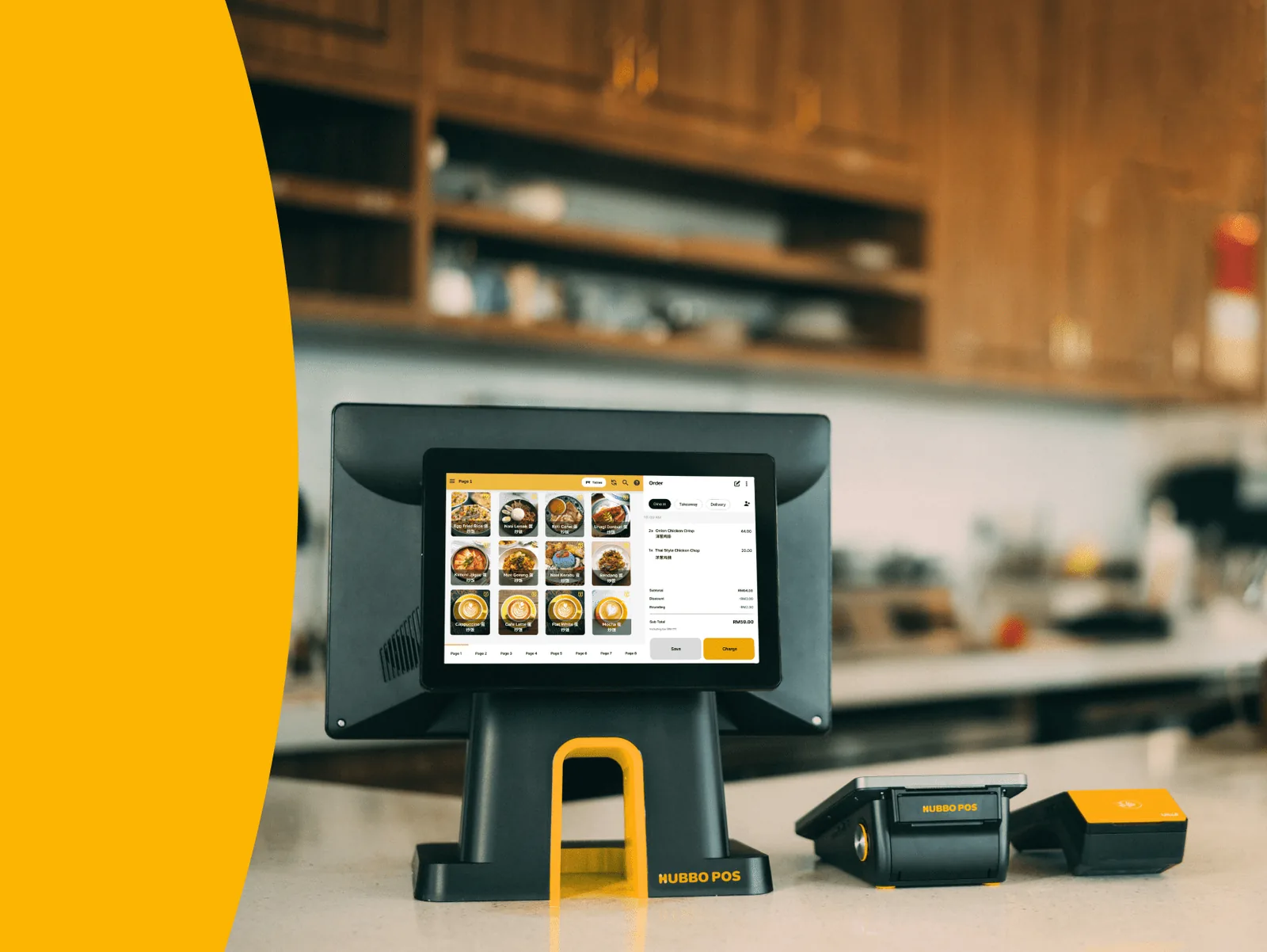 HUBBO POS terminal and payment hardware in a restaurant