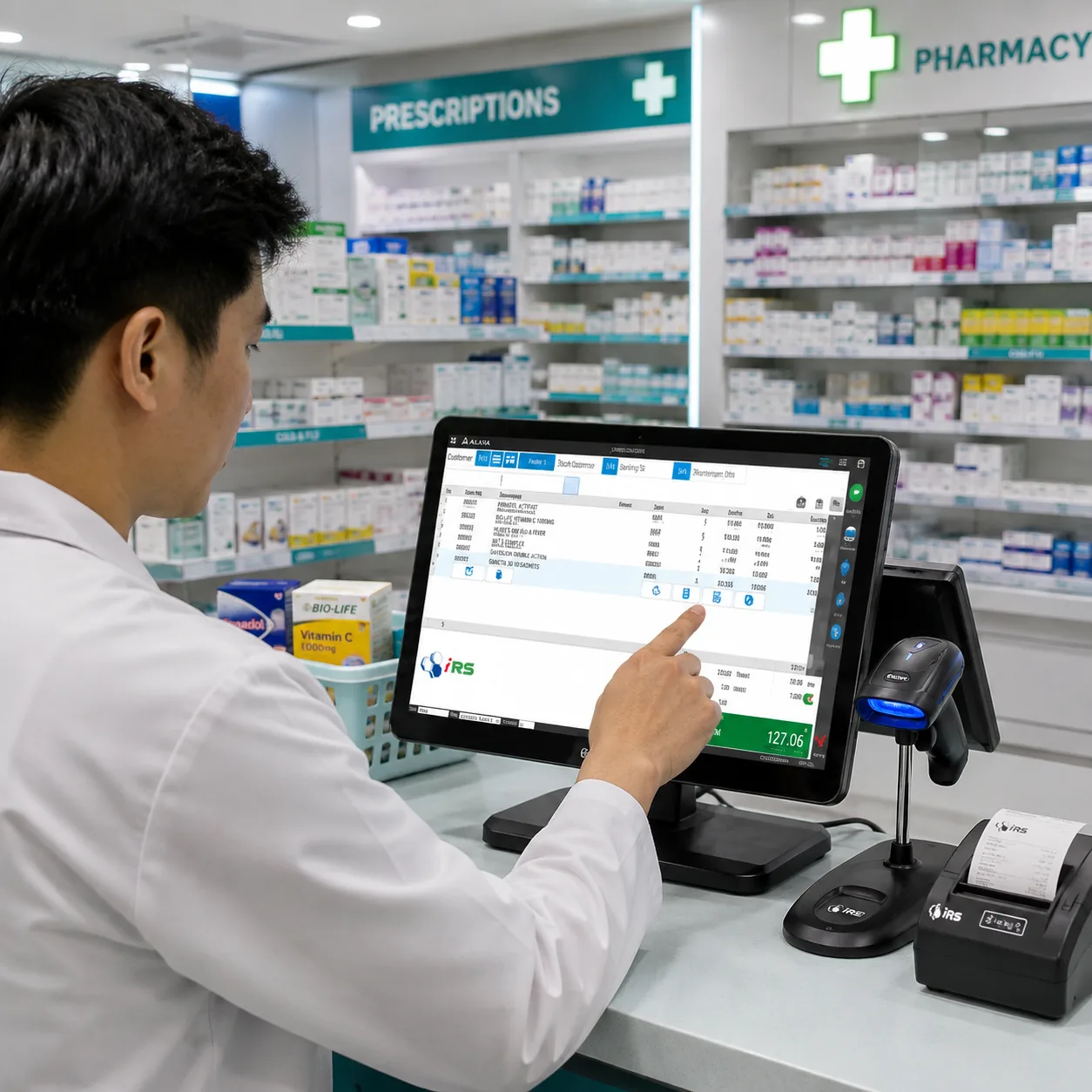 IRS POS system in use at a pharmacy counter